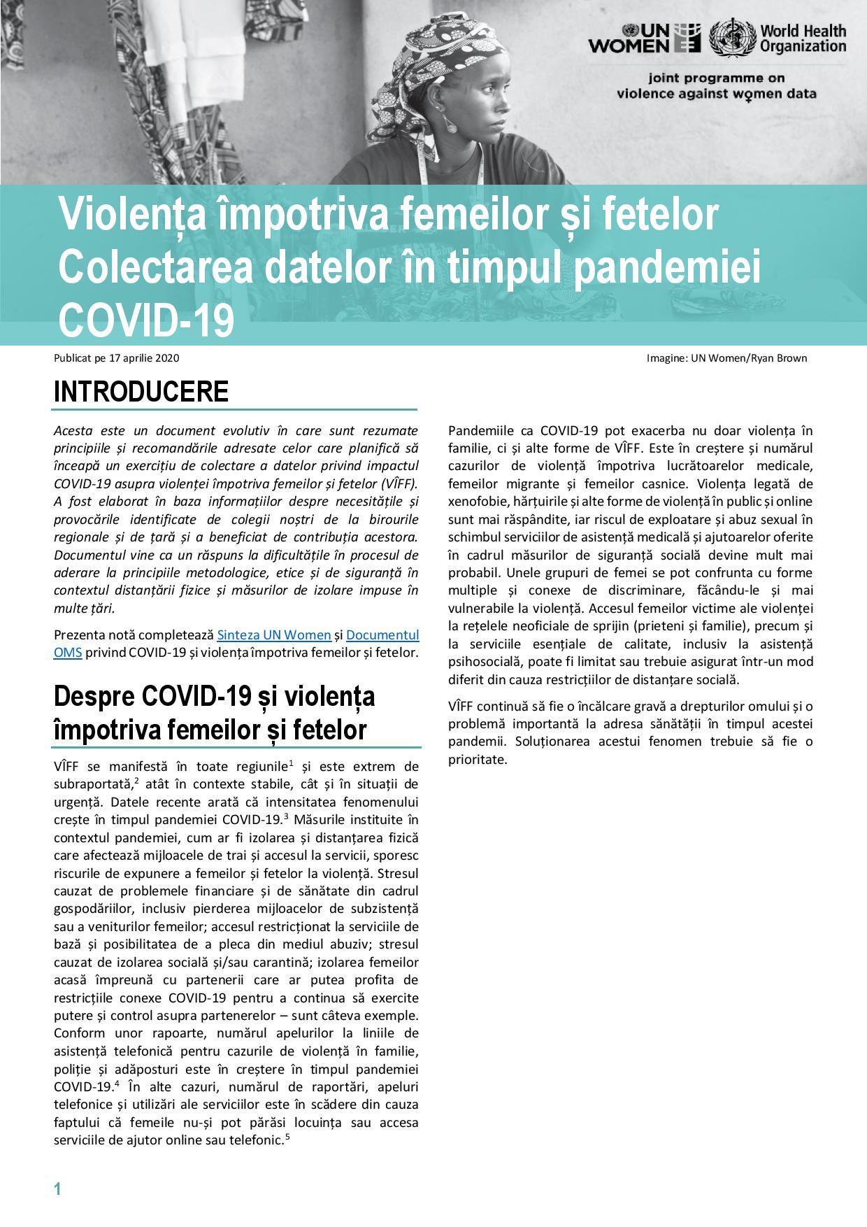 Violența împotriva femeilor și fetelor Colectarea datelor în timpul pandemiei COVID-19
